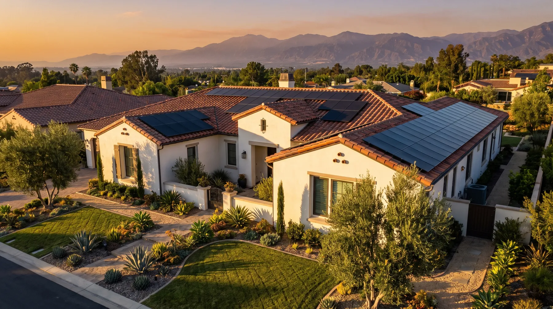 Illustrative visualization: all-black solar panels on a Spanish-tile Inland Empire home at golden hour